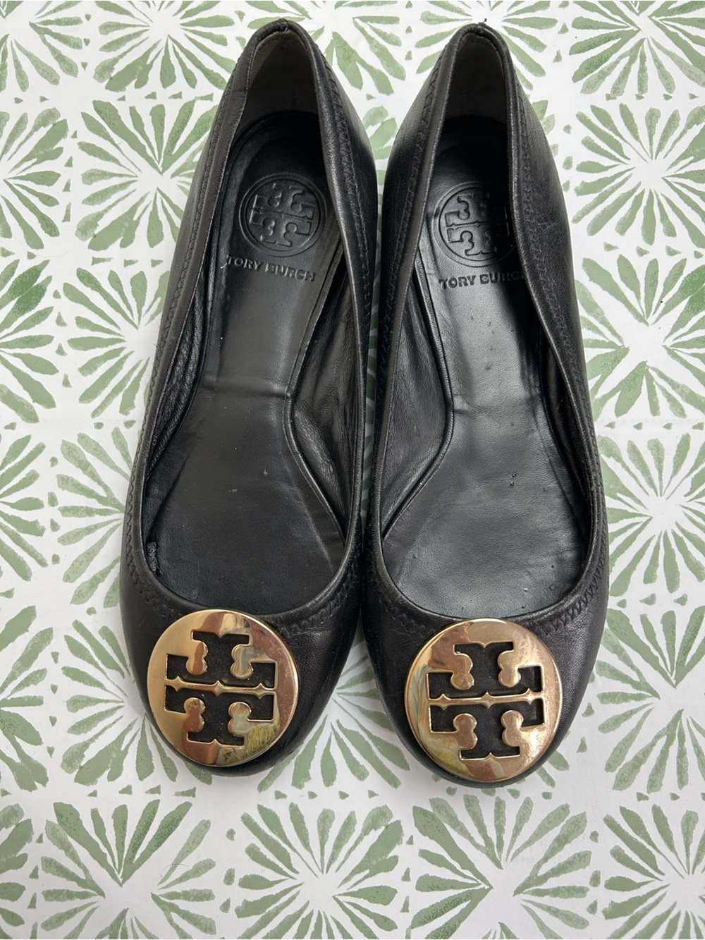 Tory Burch Black Leather Flats with Gold Logo Medallion